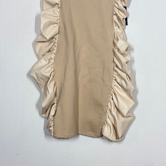 NEW Maniere de Voir Mini Dress Women's Size 8 Tan Faux Leather Ruched Side Party - Picture 5 of 10